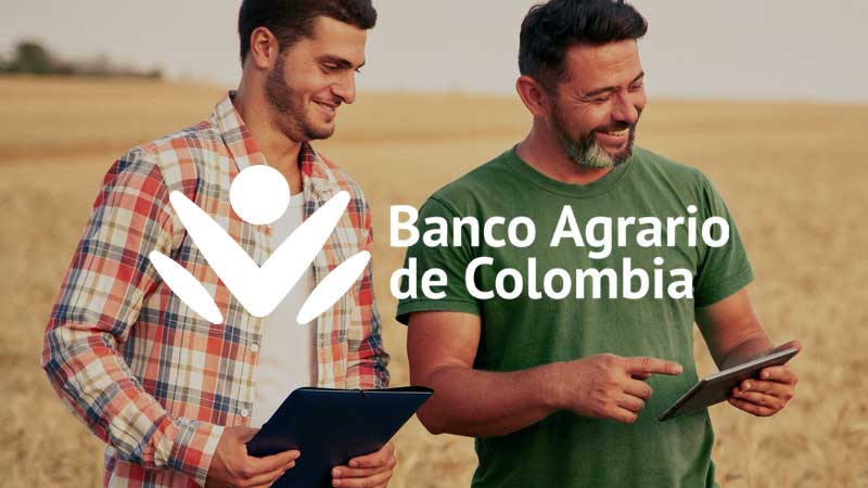 Banco Agrario de Colombia superimposed on image of two farmers.