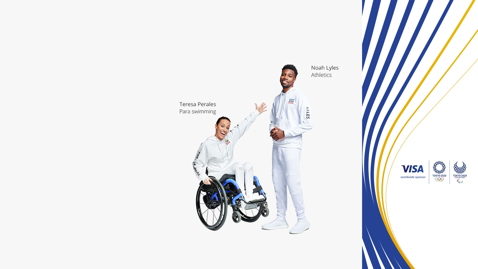 Paralympian Swimmer Teresa Perales and Olympian Athlete Noah Lyles next to the Visa logo, and the Tokyo 2020 Olympics and Paralympics logos.